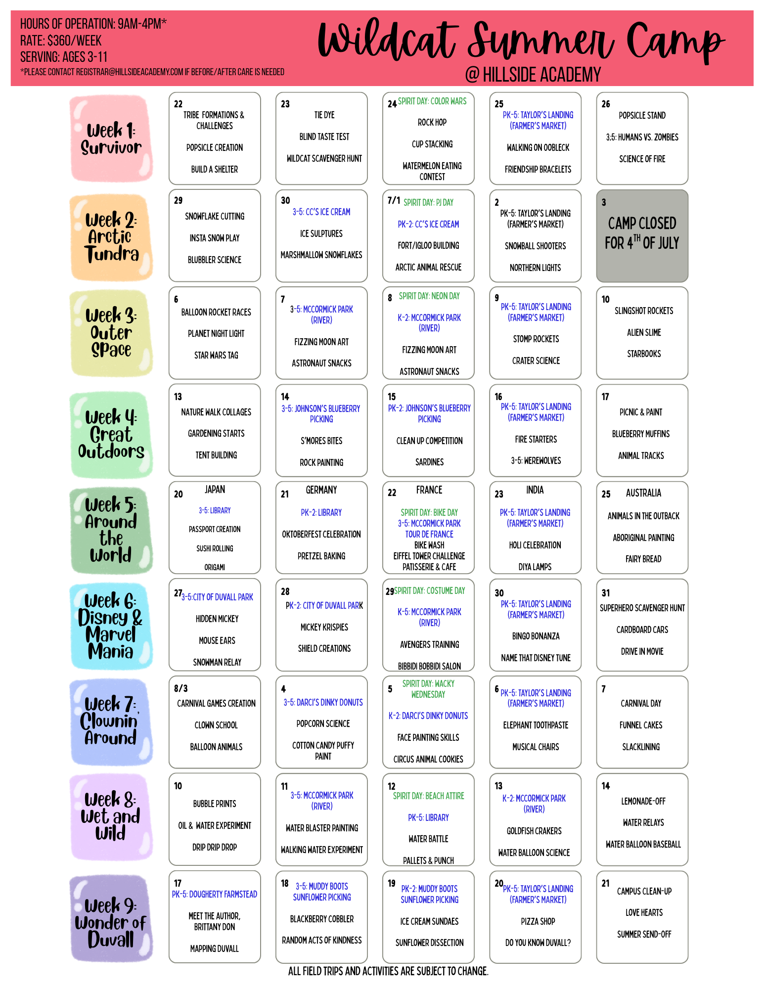 Summer Camp 2026 Colorful Calender